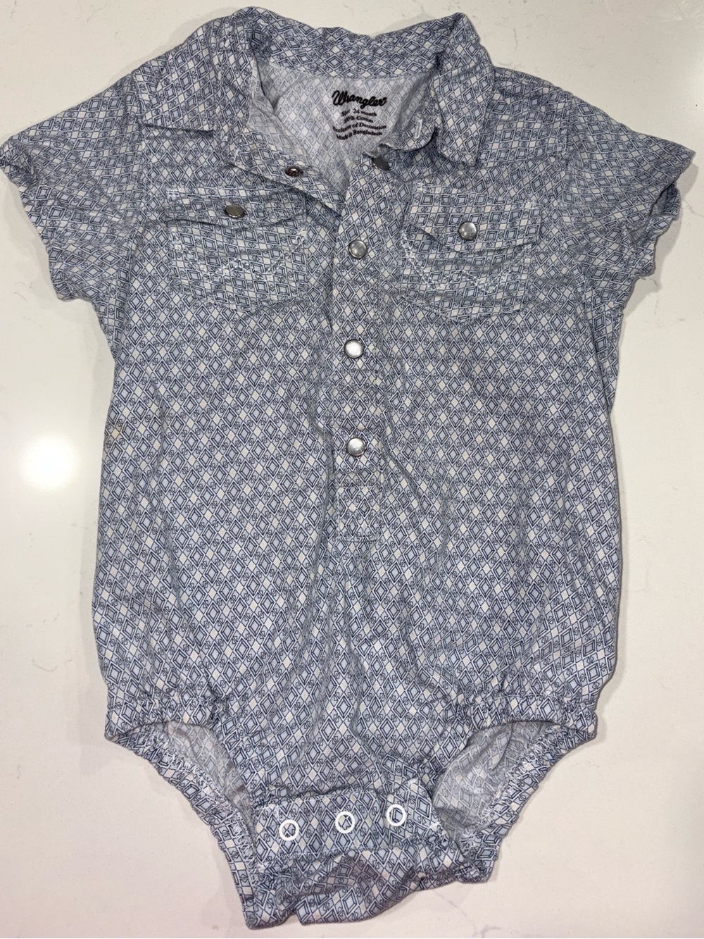 Wrangler White and Blue Geometric Infant Snap Onesie